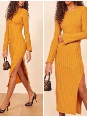 Reformation Mustard Yellow Dillon Rubbed Midi Dress Size XS
